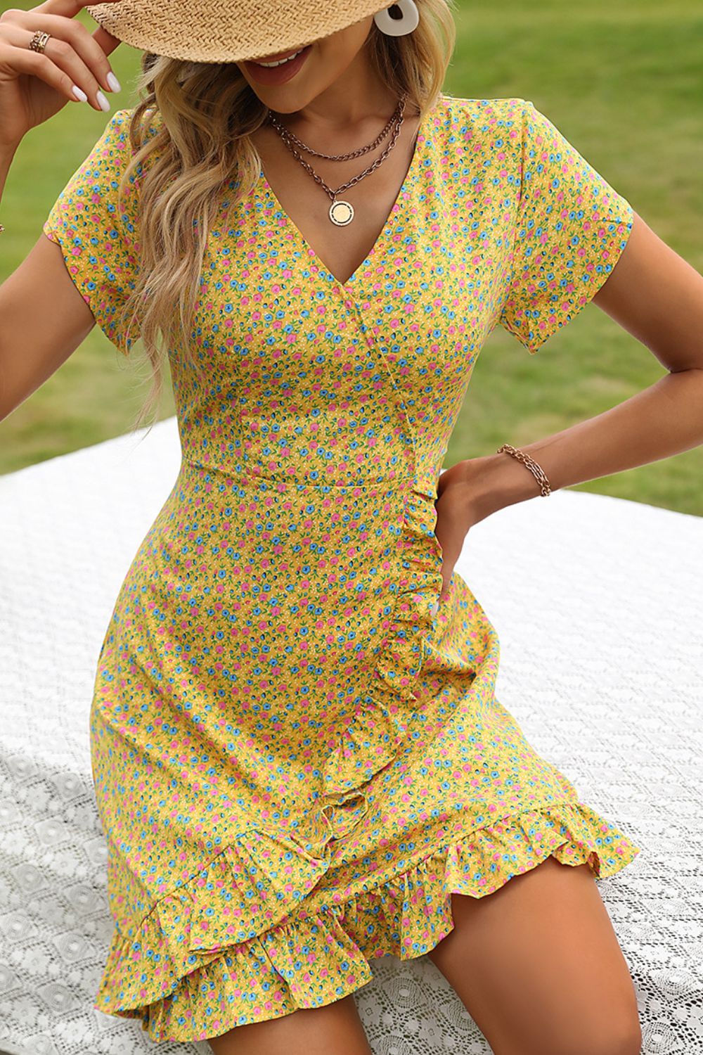 Floral Short Sleeve Surplice Neck Ruffled Dress - Lecatta