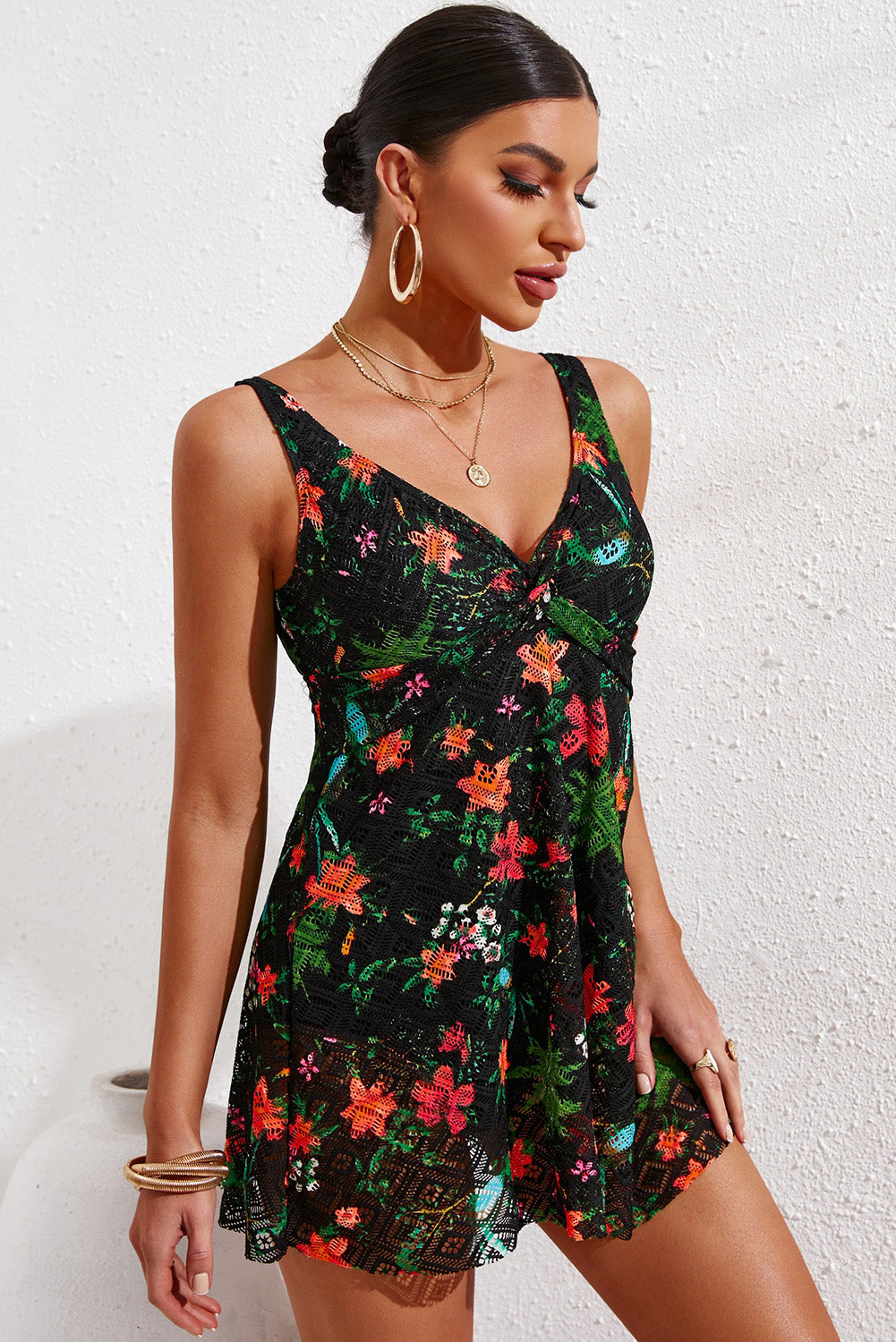 Full Size Twist Front Sleeveless Swim Dress - Lecatta