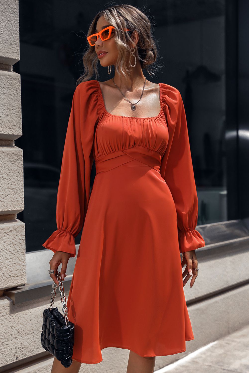 Square Neck Flounce Sleeve Midi Dress - Lecatta