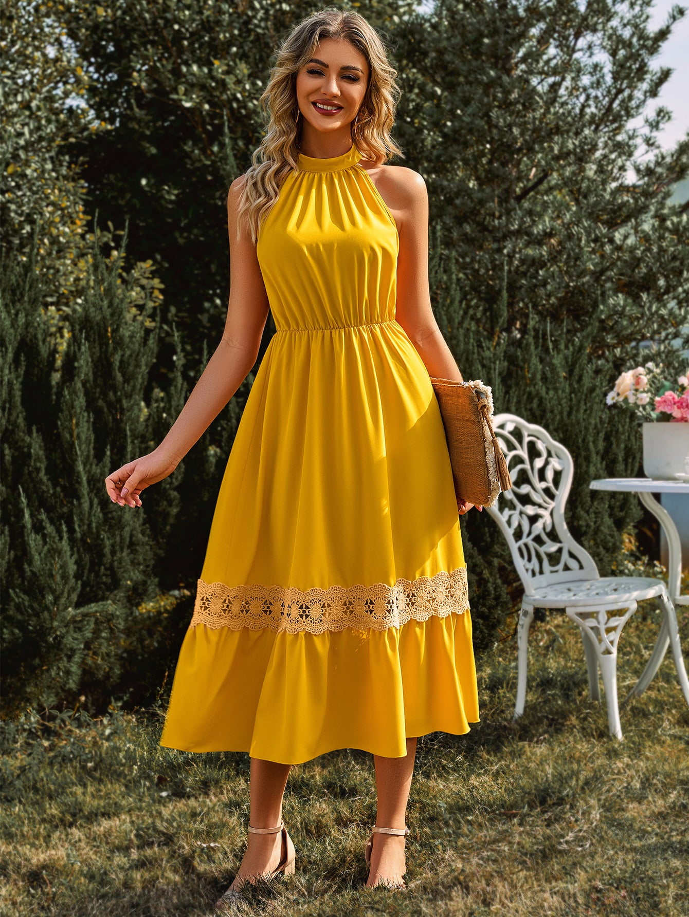Grecian Neck Spliced Lace Midi Dress - Lecatta