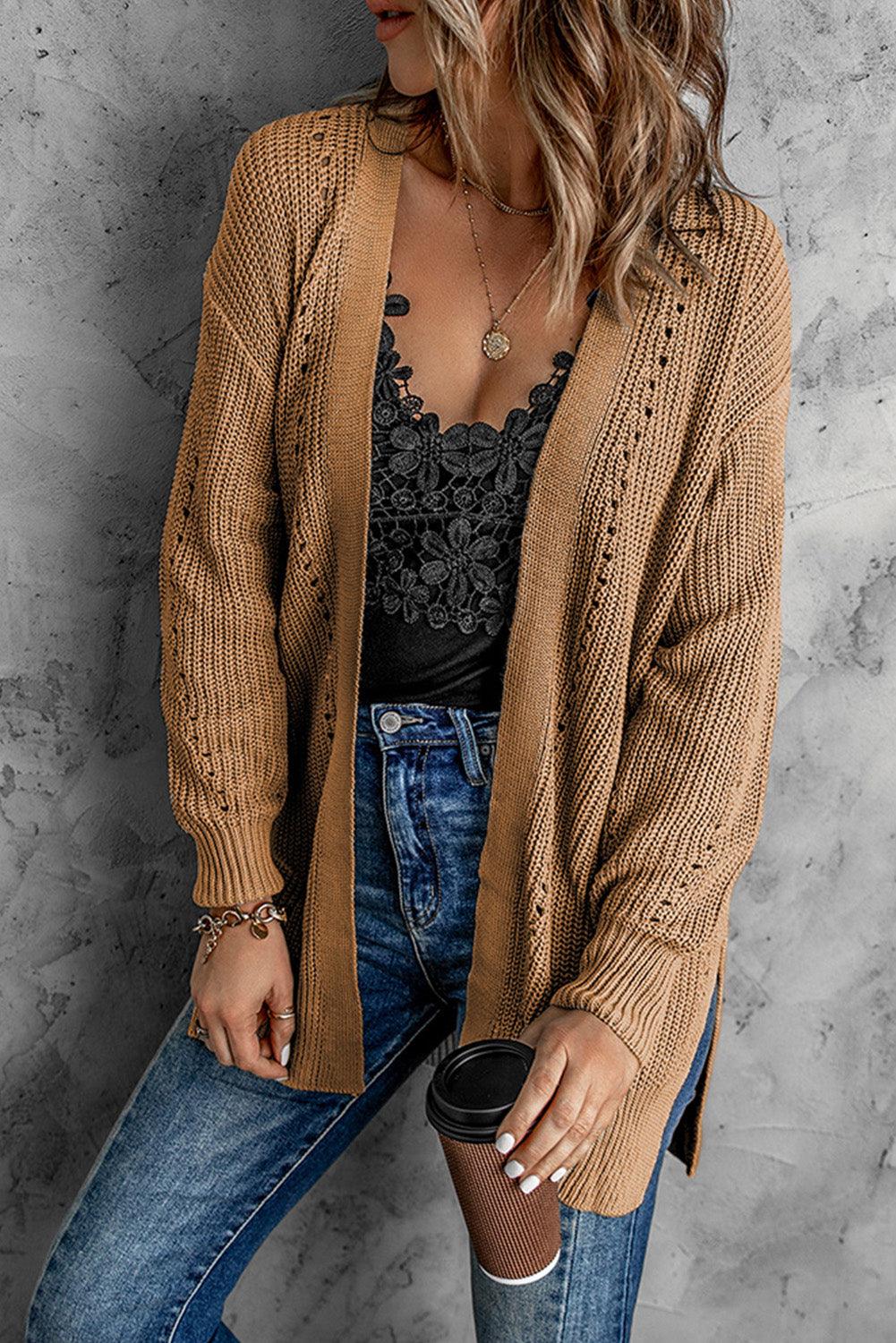 Openwork Rib-Knit Slit Cardigan - Lecatta