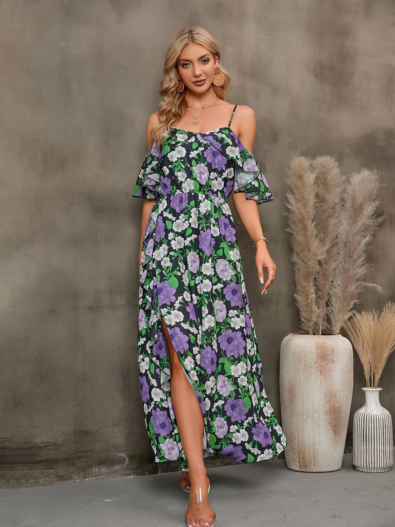 Floral Spaghetti Strap Cold-Shoulder Slit Maxi Dress - Lecatta