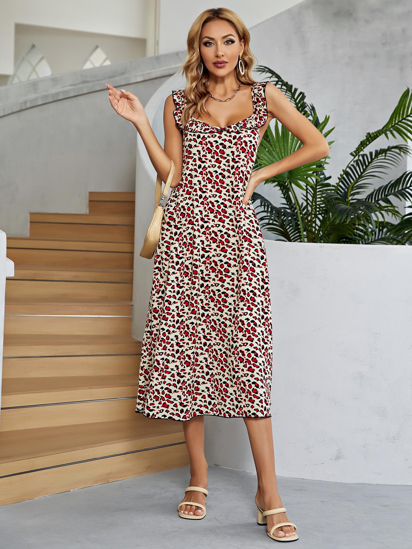 Printed Ruffled Sleeveless Midi Dress - Lecatta