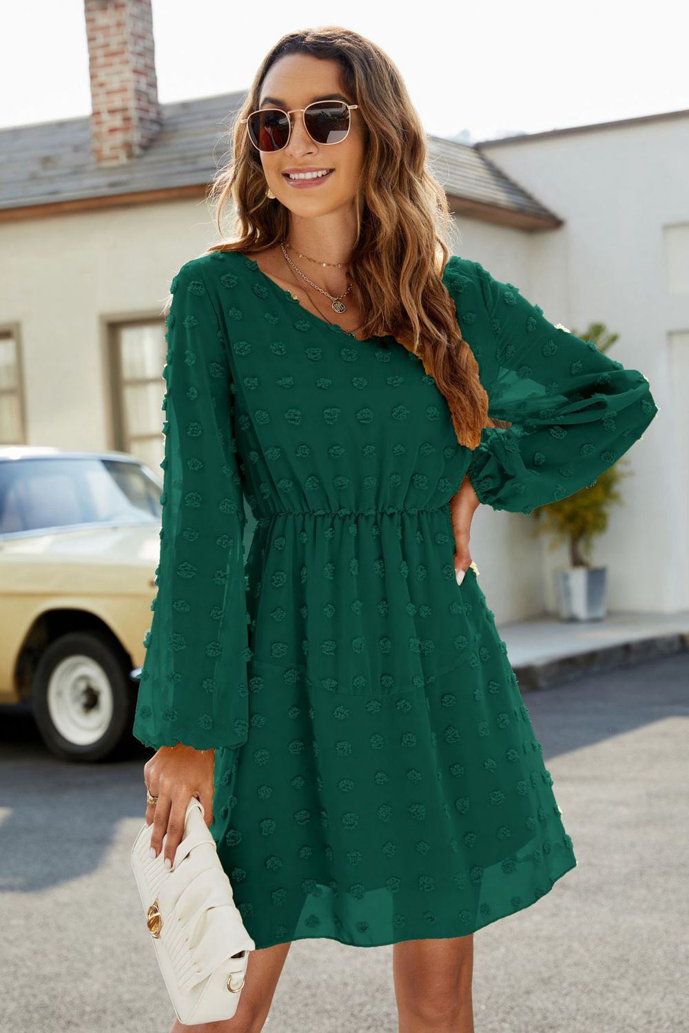 Swiss Dot V-Neck Lantern Sleeve Mini Dress - Lecatta