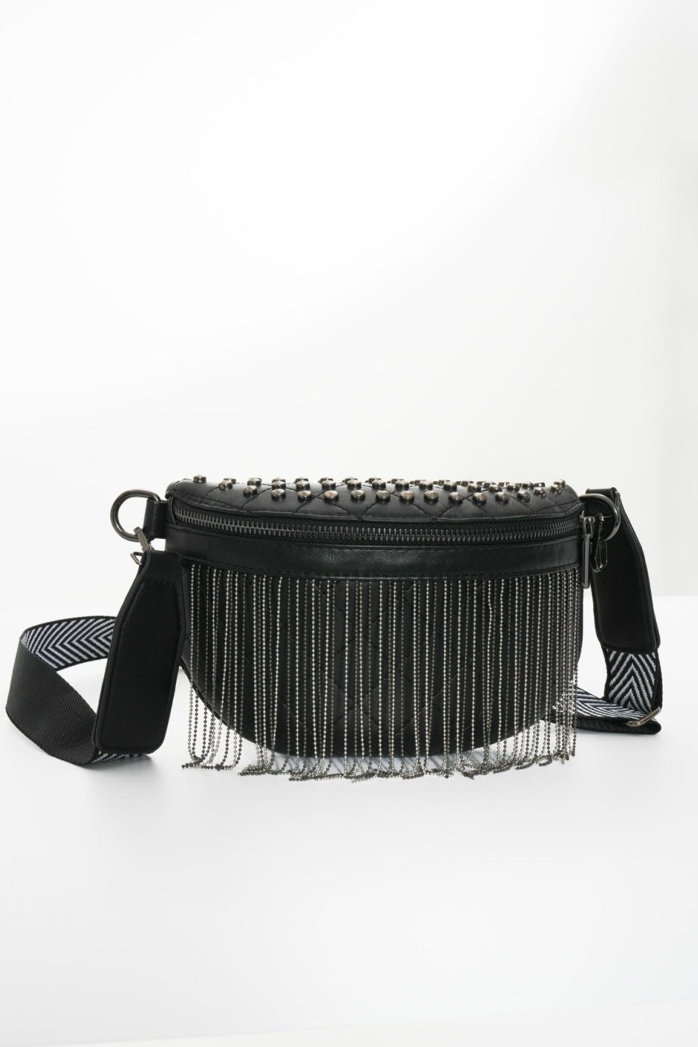 Faux Leather Studded Sling Bag with Fringes - Lecatta