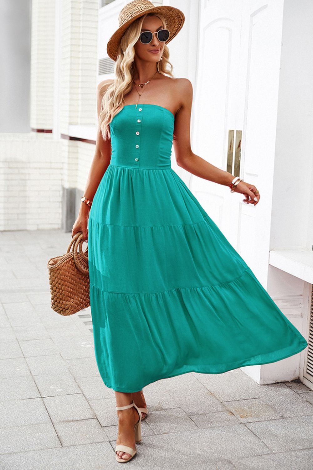 Strapless Buttoned Tiered Dress with Pockets - Lecatta