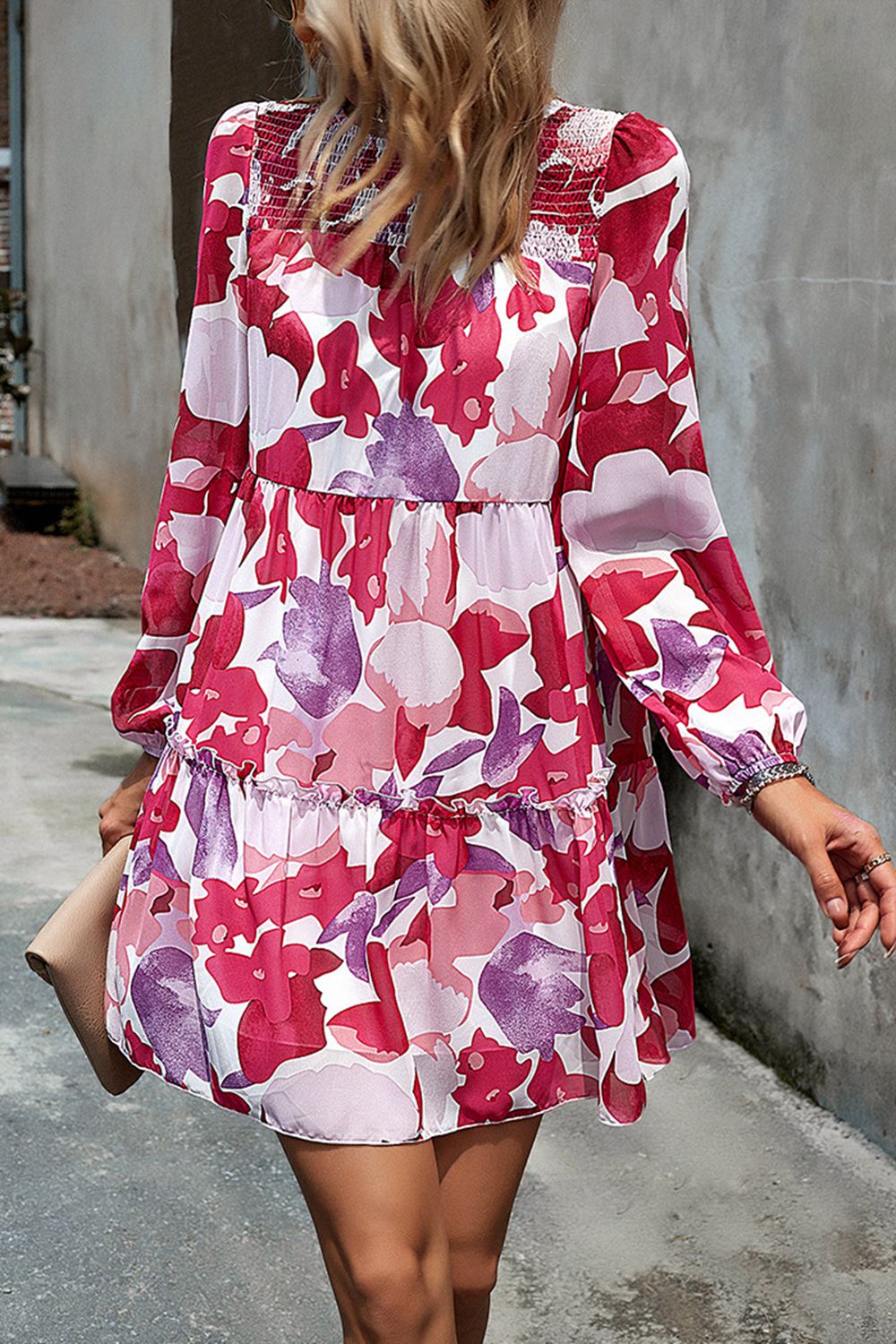 Smocked Floral Print Long Sleeve Mini Dress - Lecatta