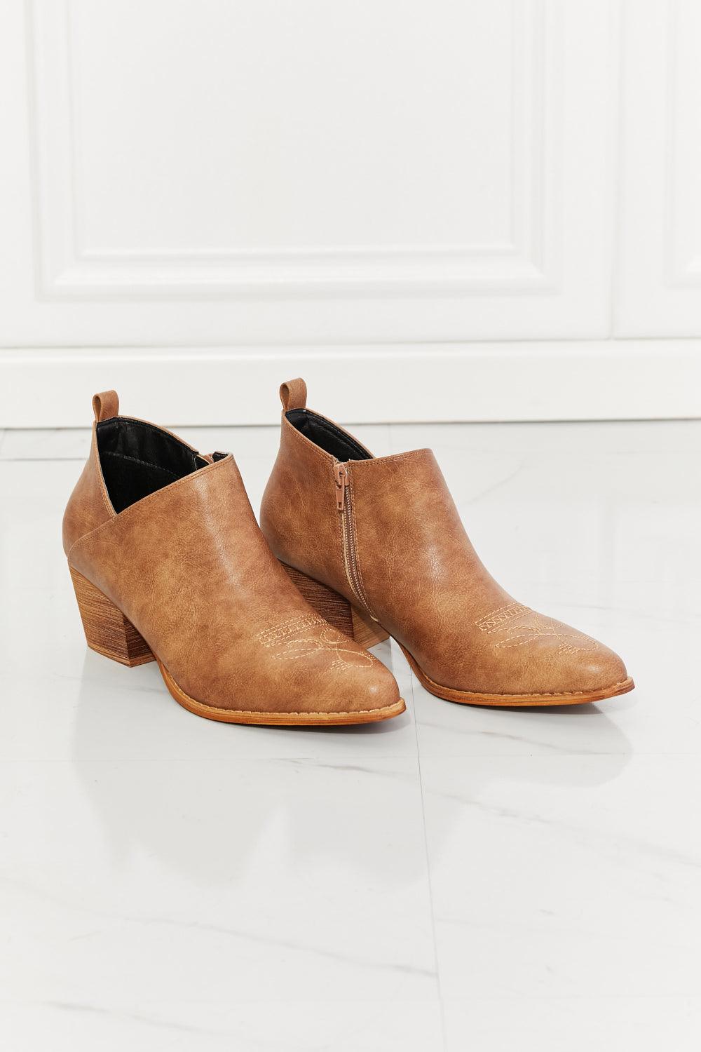 MMShoes Trust Yourself Embroidered Crossover Cowboy Bootie in Caramel - Lecatta