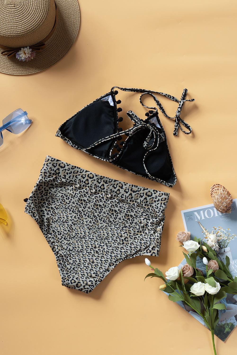 Printed Pompom Detail Halter Neck Two-Piece Bikini Set - Lecatta