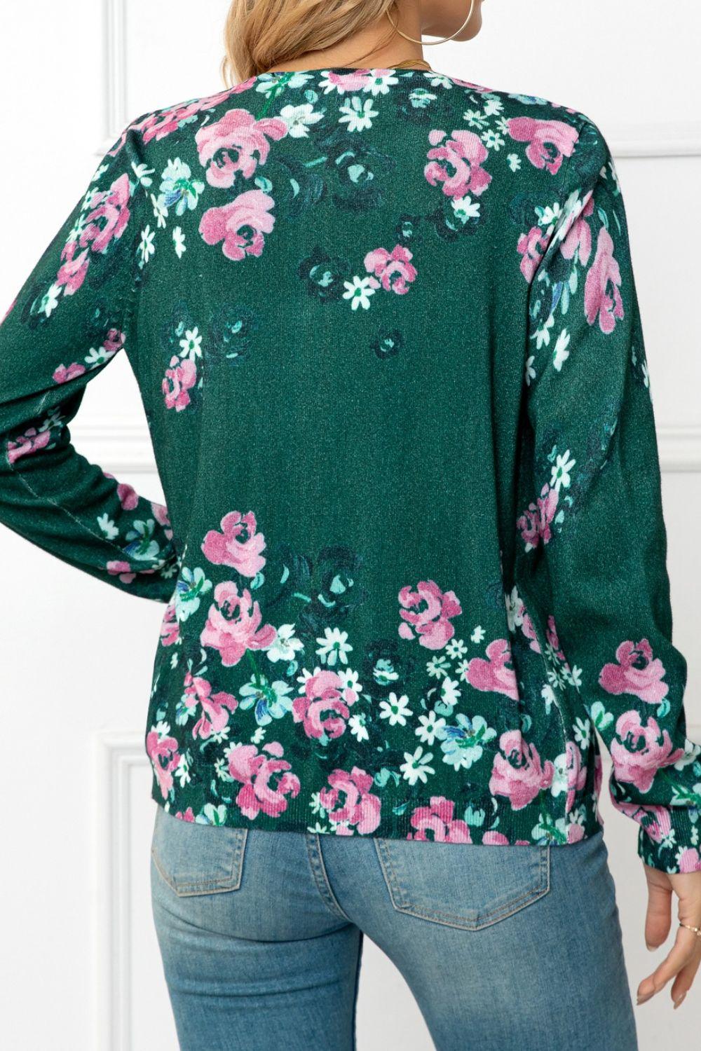 Floral Button Front Round Neck Cardigan - Lecatta