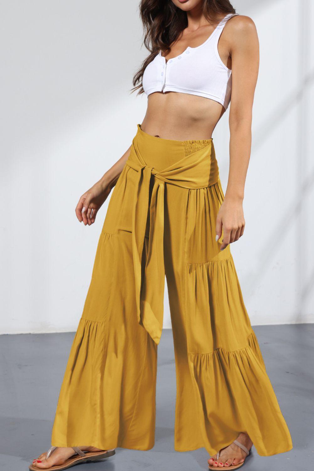 Tie Front Smocked Tiered Culottes - Lecatta