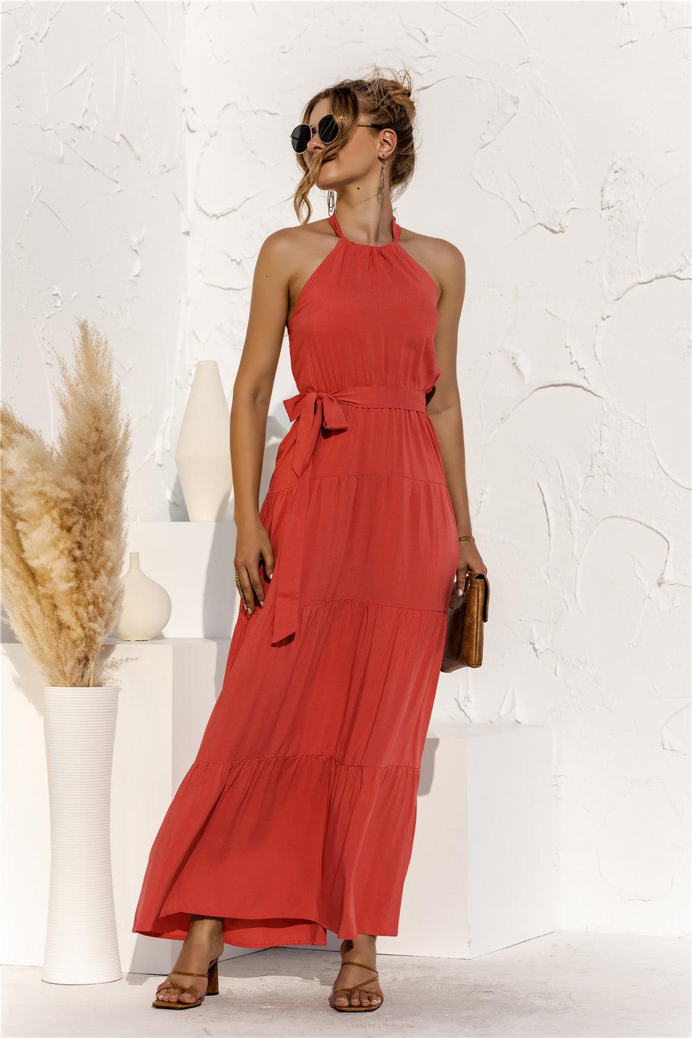 Halter Neck Tie Waist Tiered Maxi Dress - Lecatta