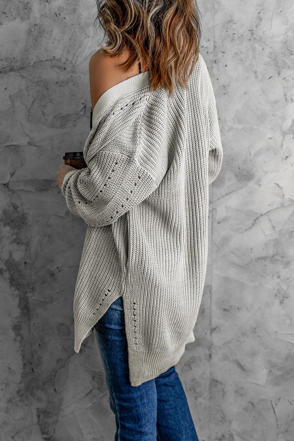 Openwork Rib-Knit Slit Cardigan - Lecatta