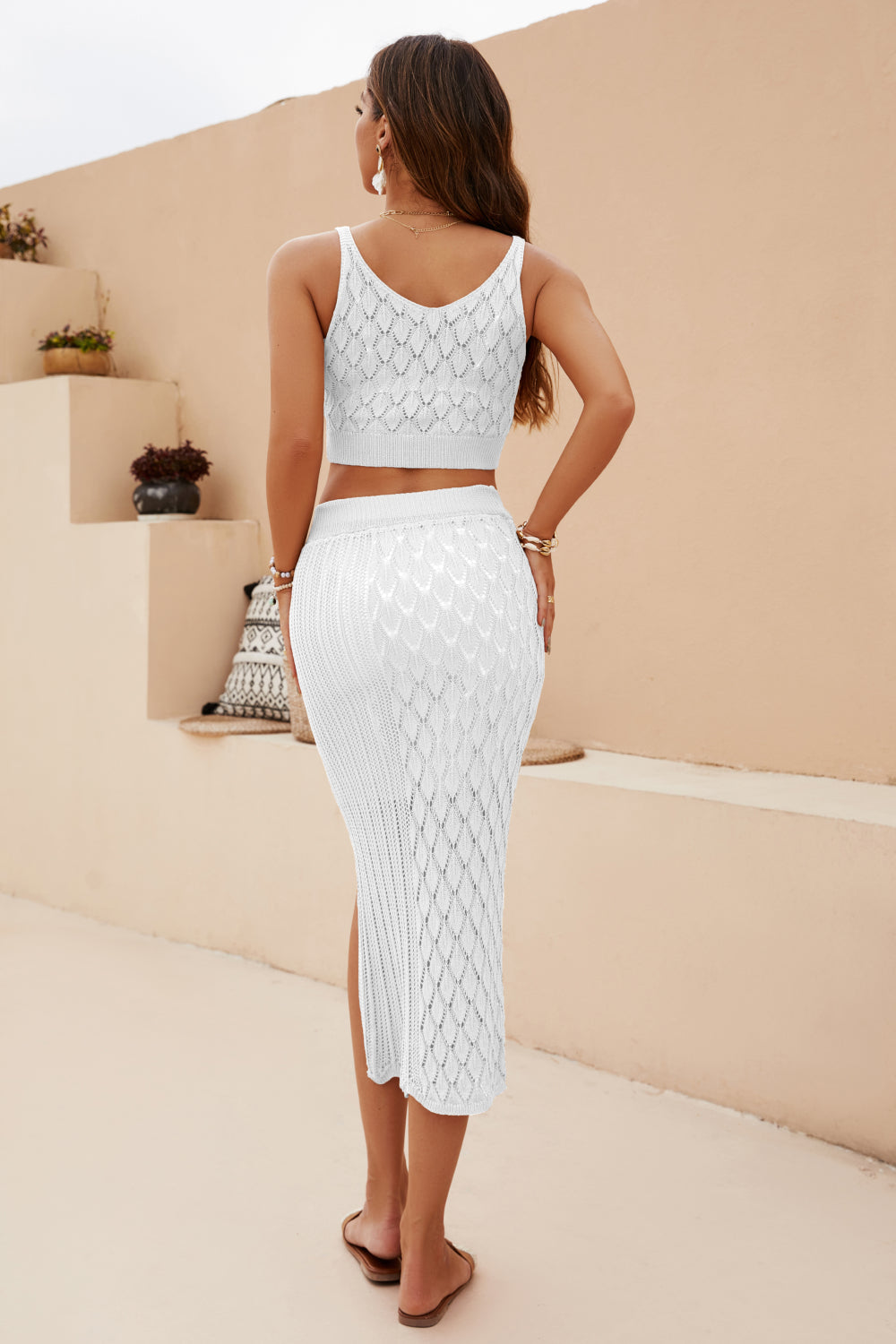 Openwork Cropped Tank and Split Skirt Set - Lecatta