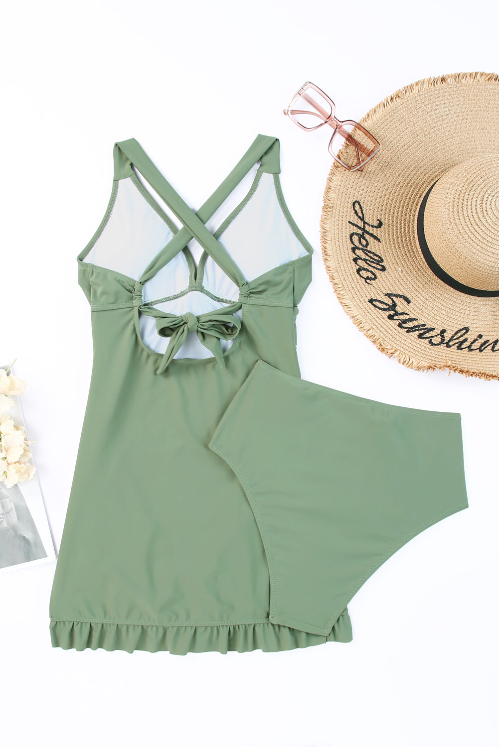 Tie Back Sleeveless Swim Dress and Bottoms Set - Lecatta