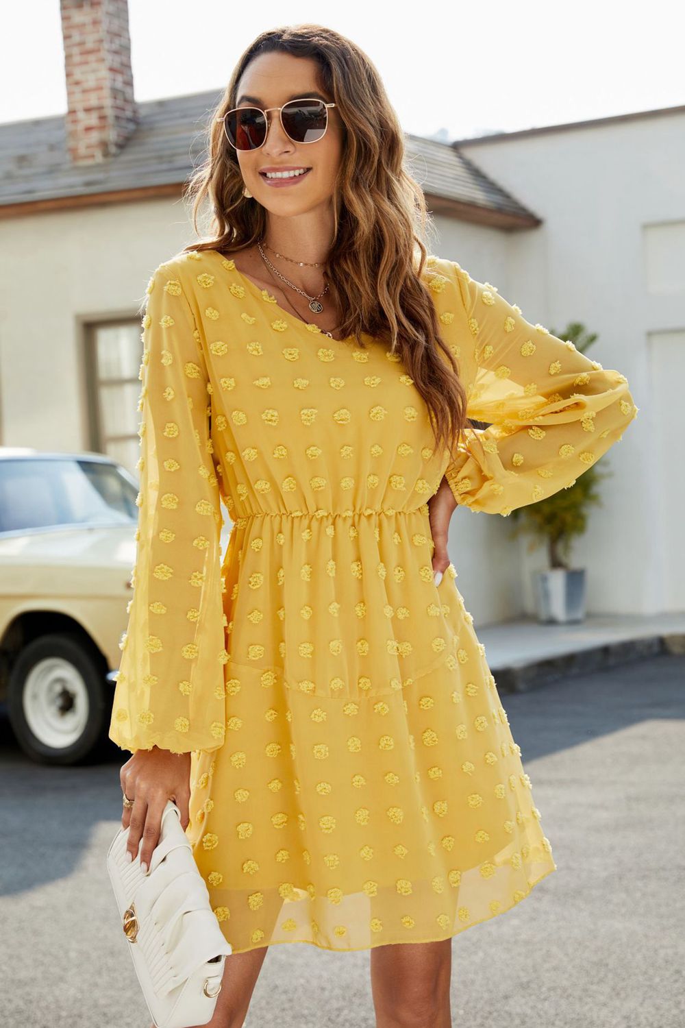Swiss Dot V-Neck Lantern Sleeve Mini Dress - Lecatta