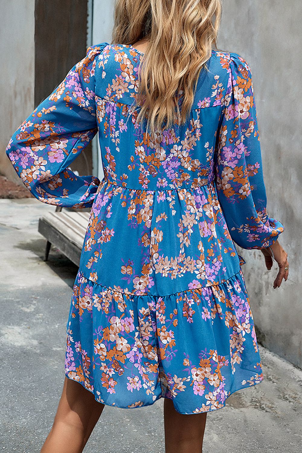 Smocked Floral Print Long Sleeve Mini Dress - Lecatta