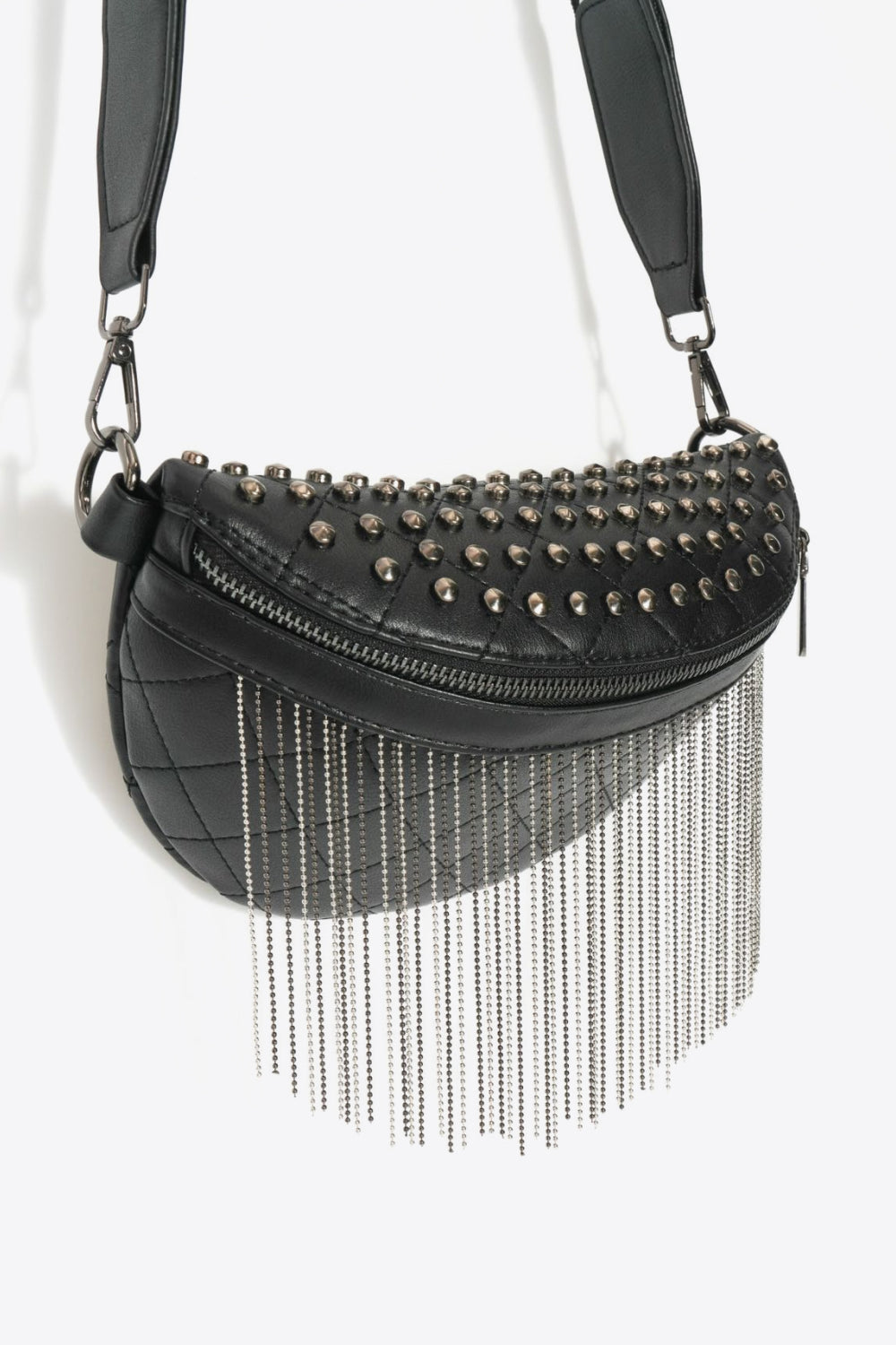 Faux Leather Studded Sling Bag with Fringes - Lecatta
