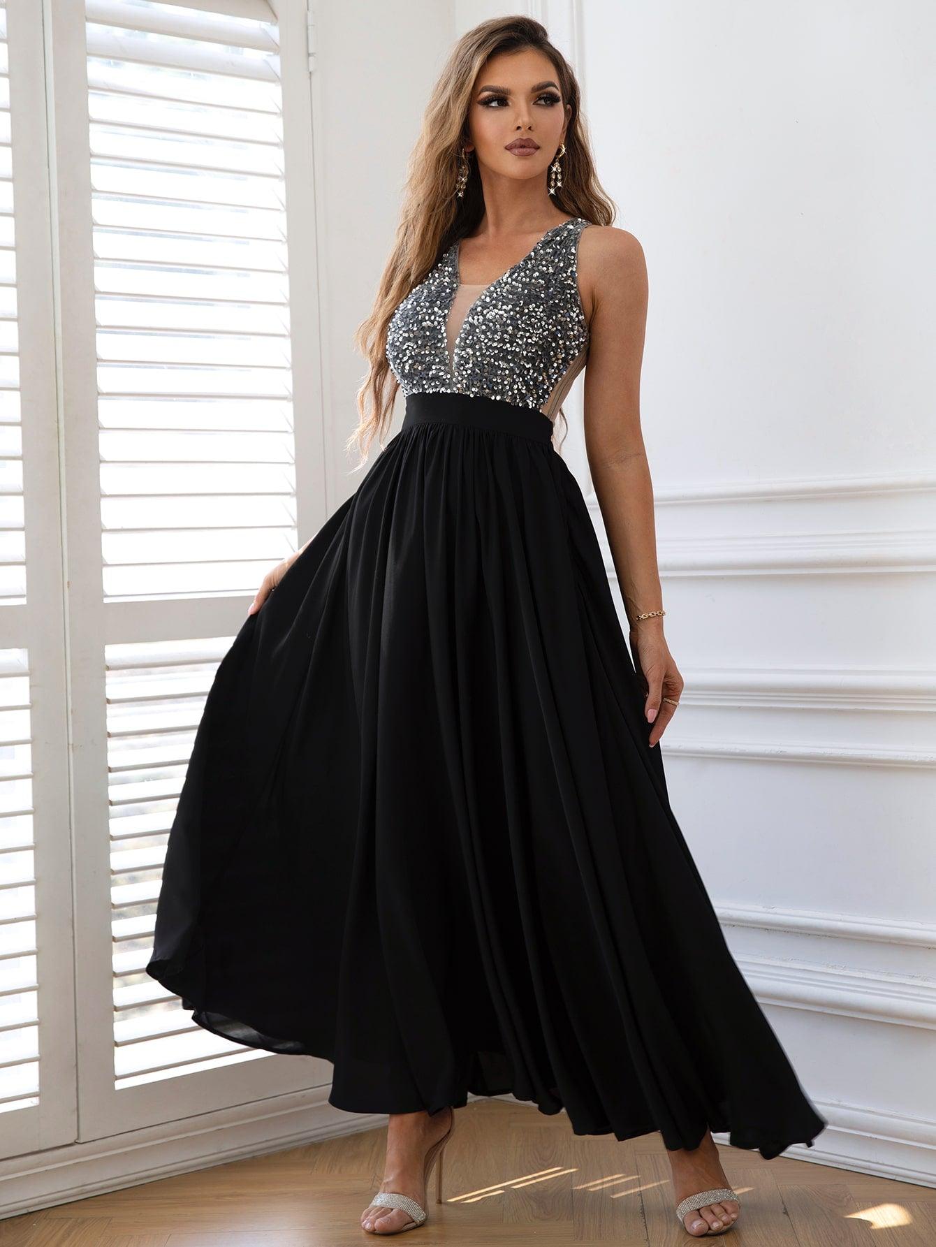 Contrast Sequin Sleeveless Maxi Dress - Lecatta