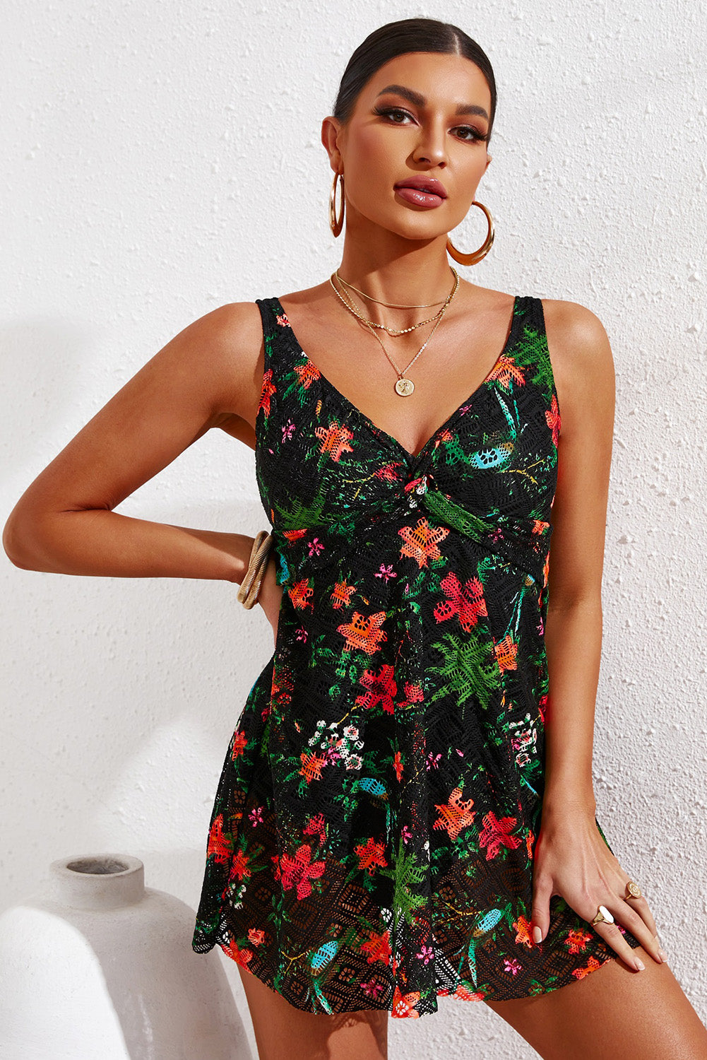 Full Size Twist Front Sleeveless Swim Dress - Lecatta