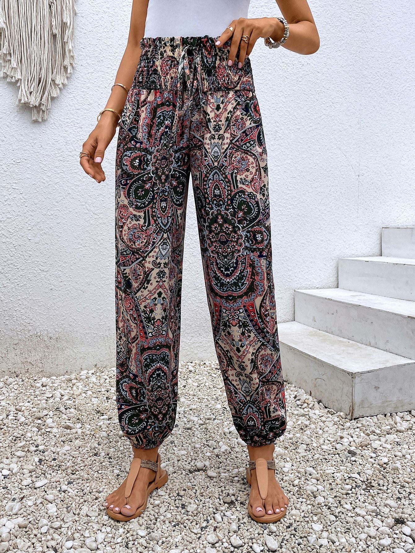 Paisley Print Smocked High-Waist Pants - Lecatta