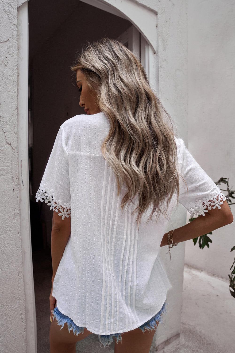 Buttoned Spliced Lace Blouse - Lecatta