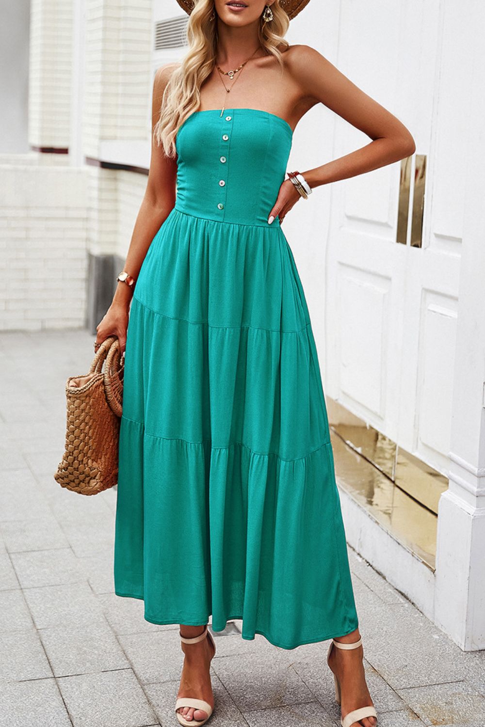 Strapless Buttoned Tiered Dress with Pockets - Lecatta