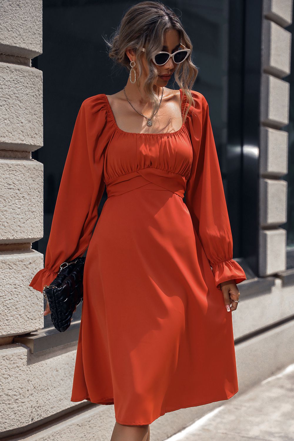 Square Neck Flounce Sleeve Midi Dress - Lecatta