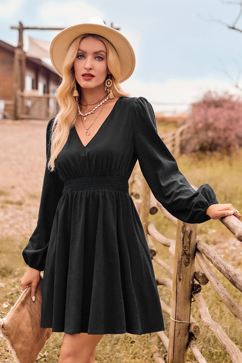 V-Neck Long Sleeve Smocked Waist Mini Dress - Lecatta