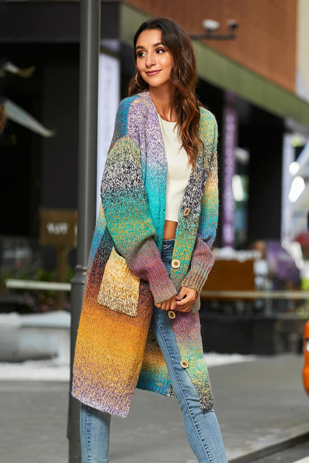 Gradient Button Down Duster Cardigan with Pockets - Lecatta
