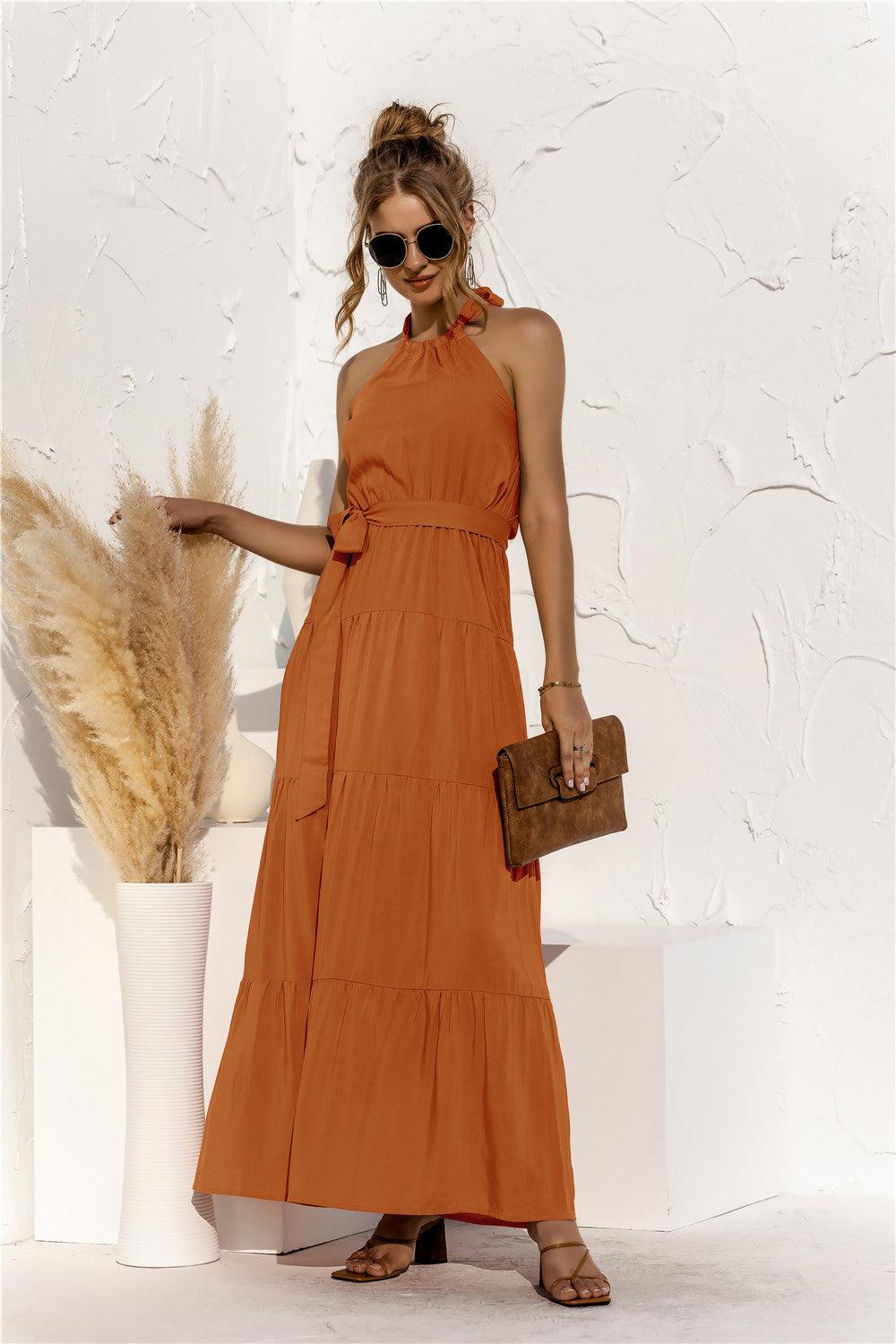 Halter Neck Tie Waist Tiered Maxi Dress - Lecatta