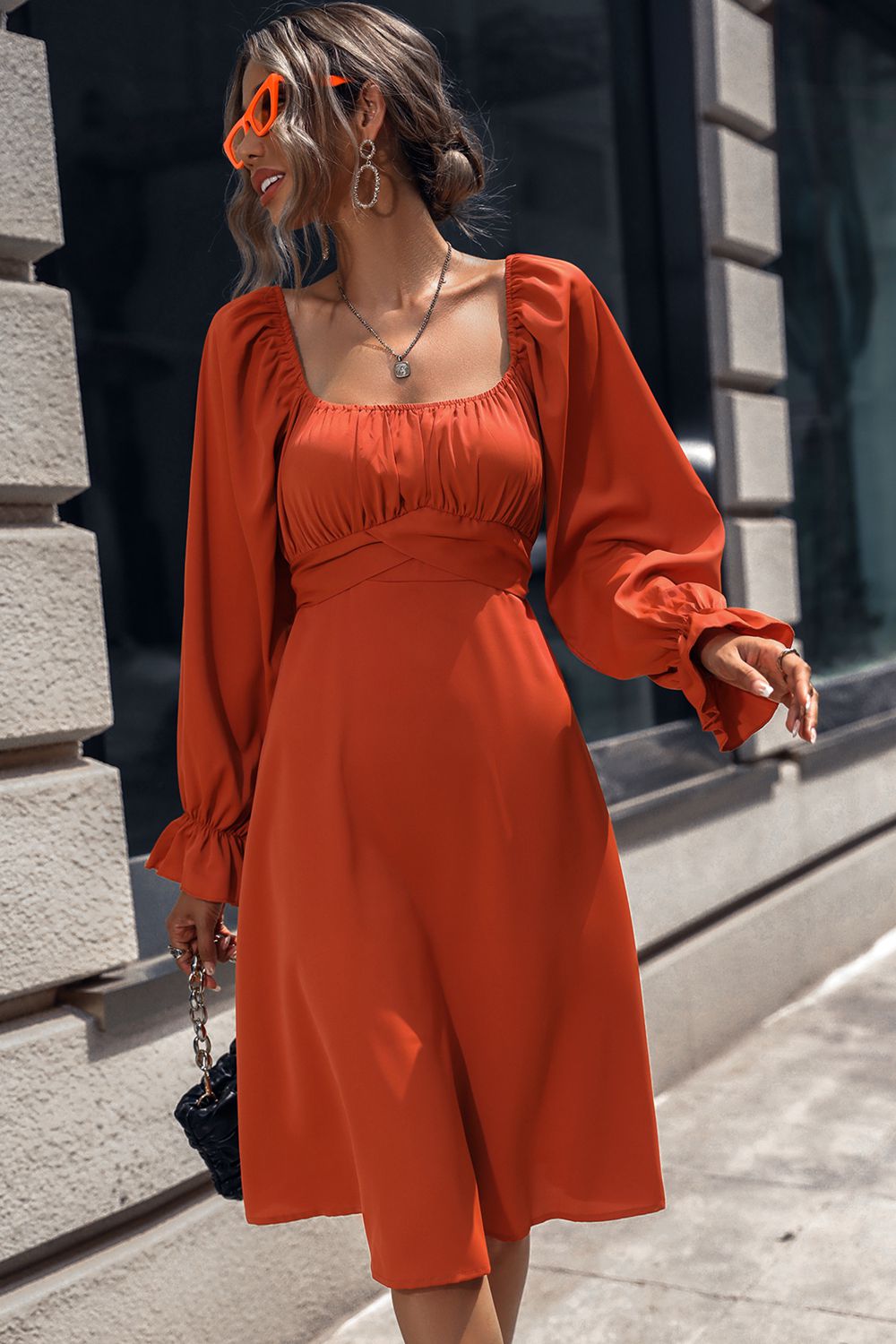 Square Neck Flounce Sleeve Midi Dress - Lecatta