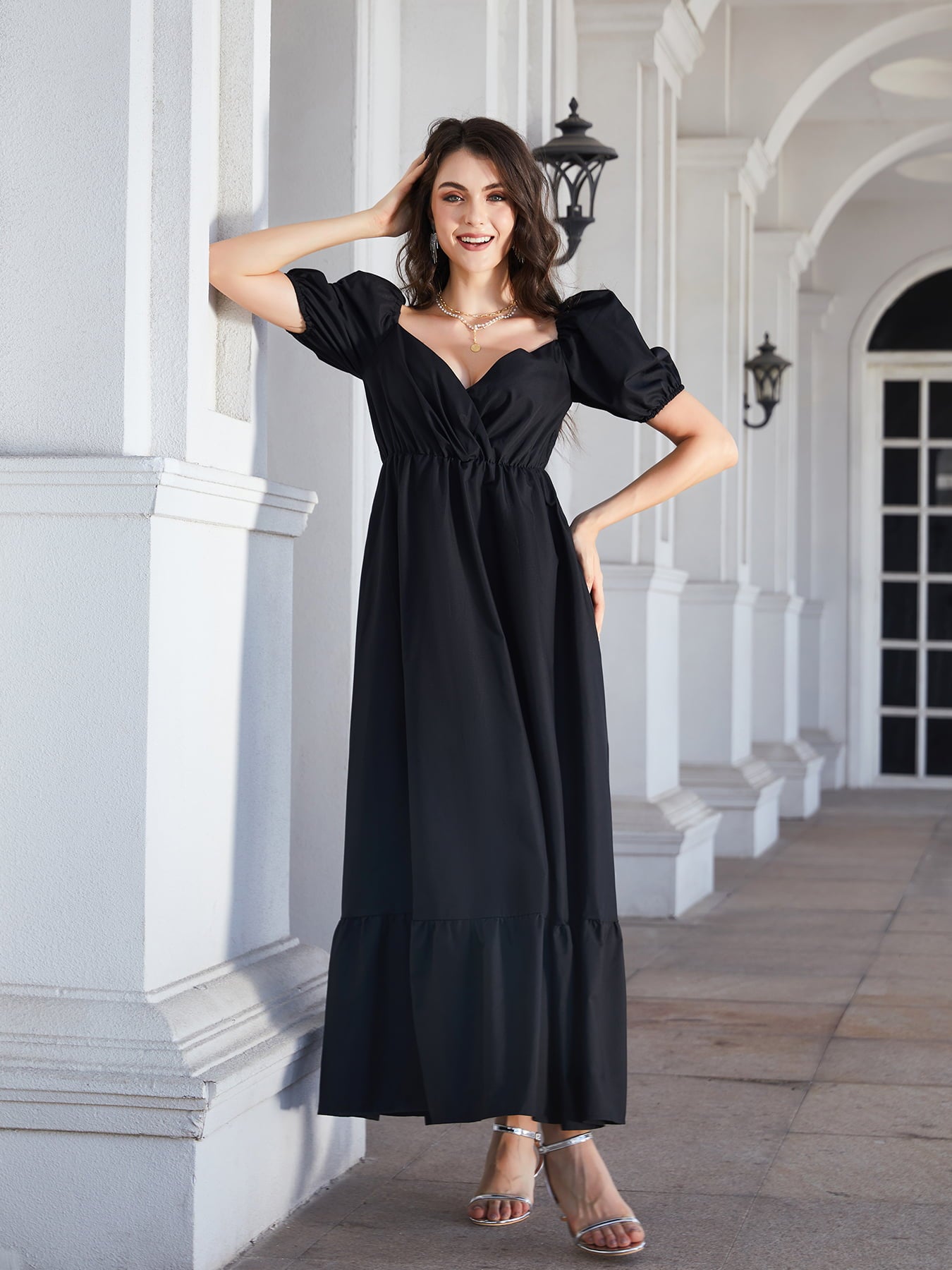 Surplice Neck Ruffle Hem Balloon Sleeve Maxi Dress - Lecatta