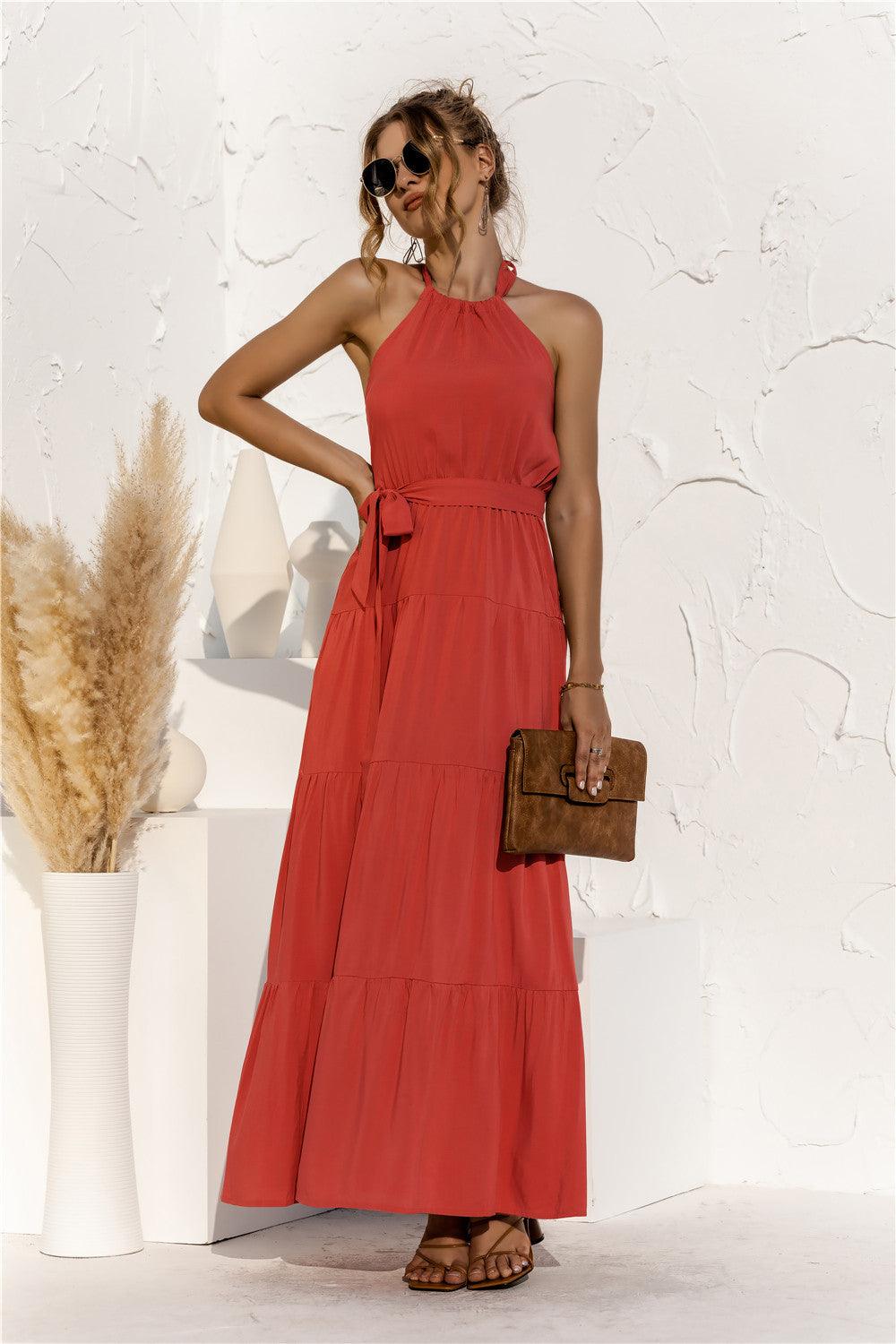 Halter Neck Tie Waist Tiered Maxi Dress - Lecatta