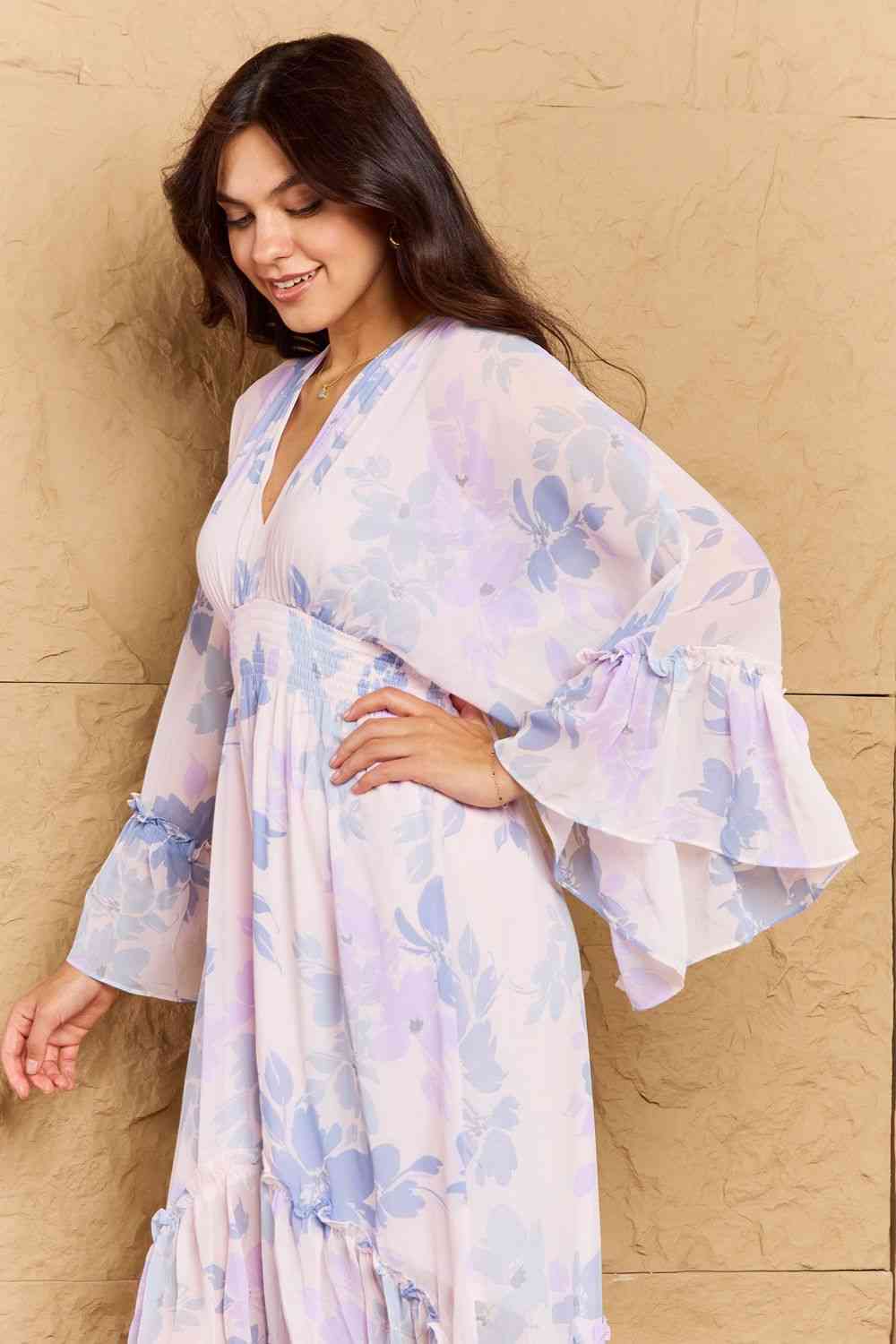 Floral Bell Sleeve Midi Dress in Blue
