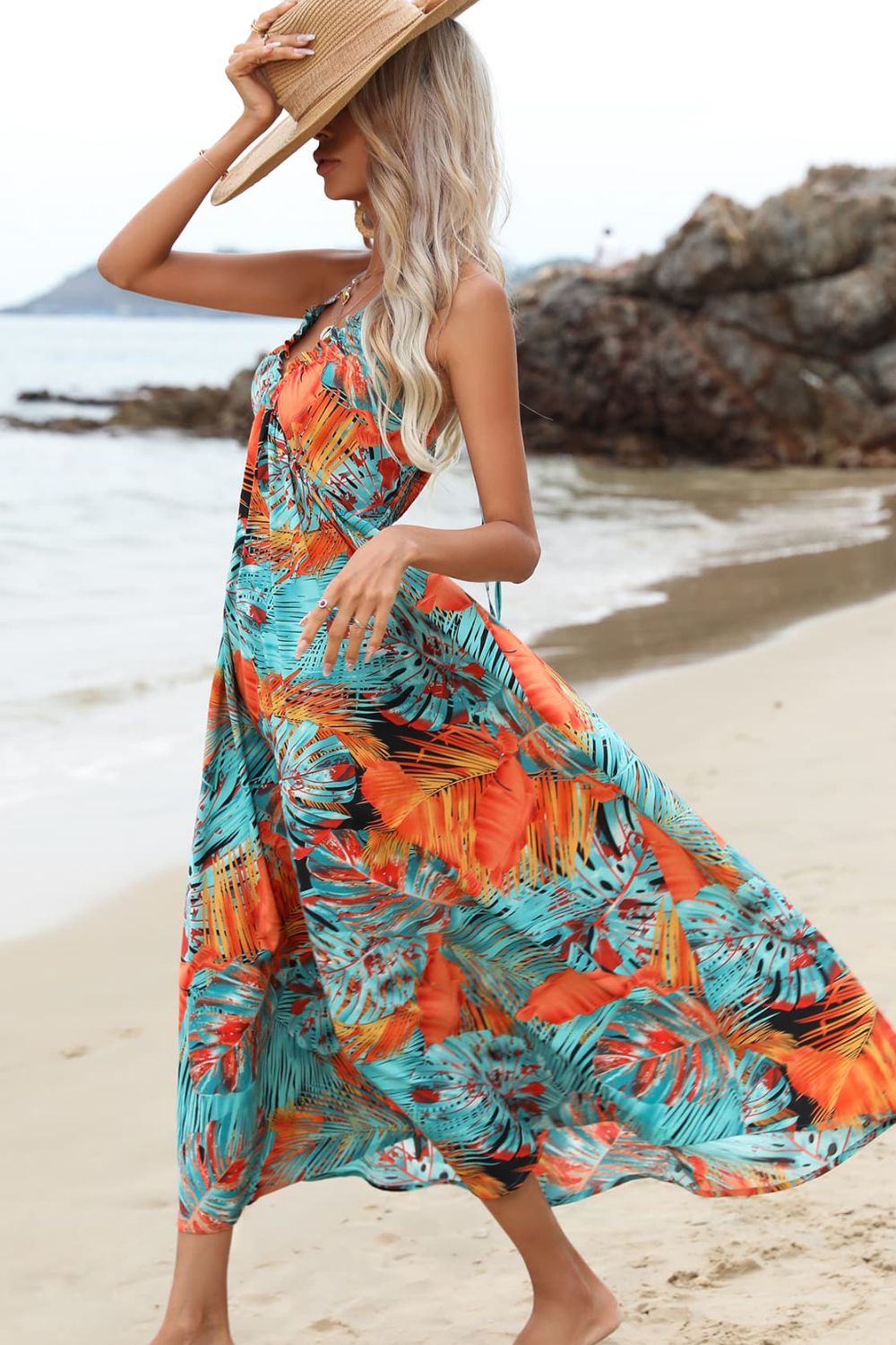 Botanical Print Halter Neck Dress - Lecatta