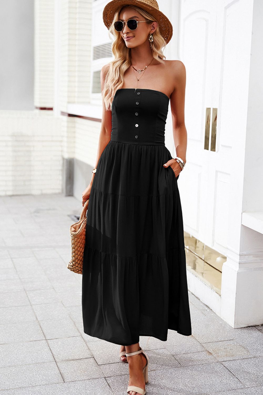 Strapless Buttoned Tiered Dress with Pockets - Lecatta