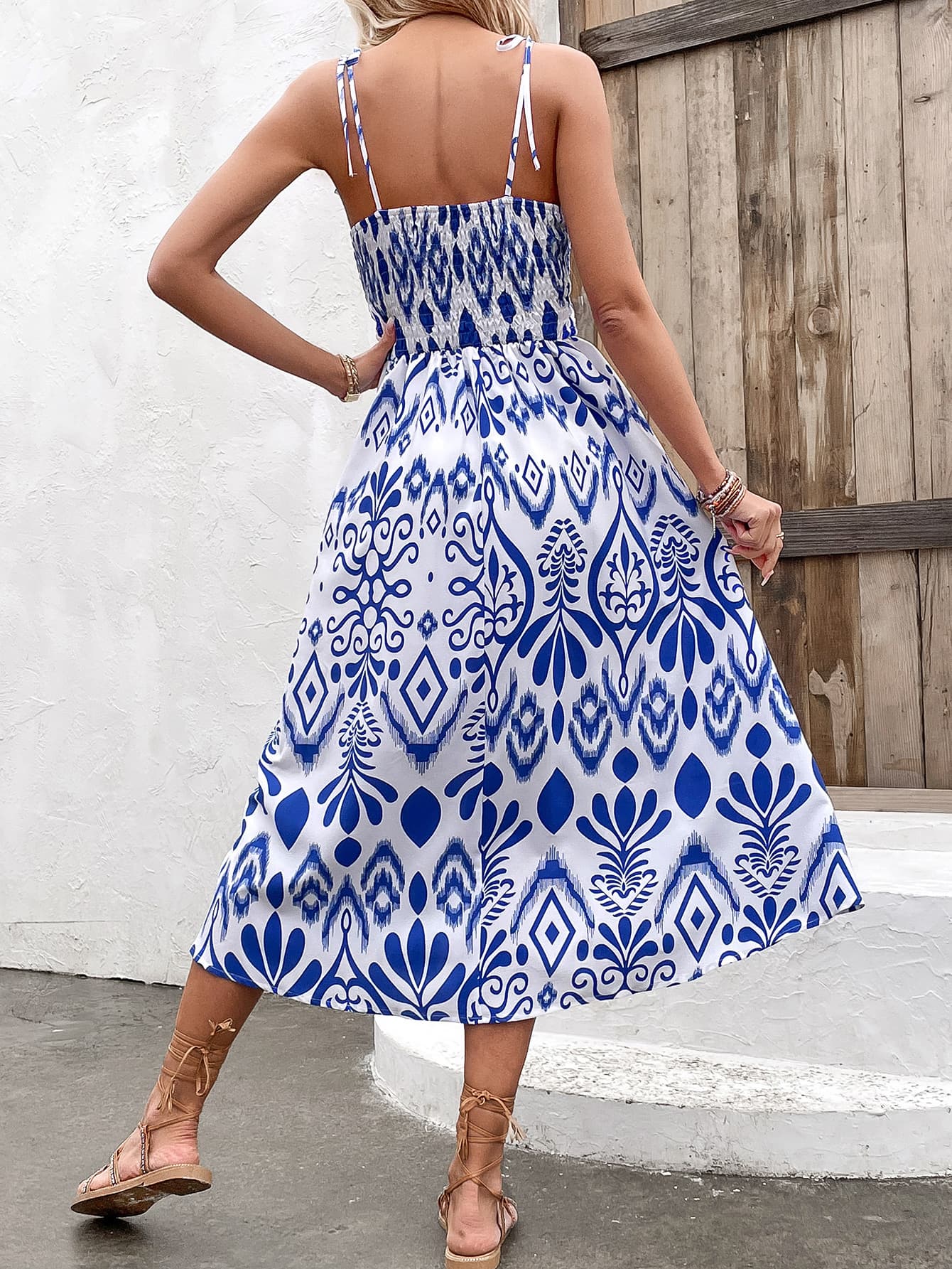 Printed Tie Shoulder Sweetheart Neck Dress - Lecatta