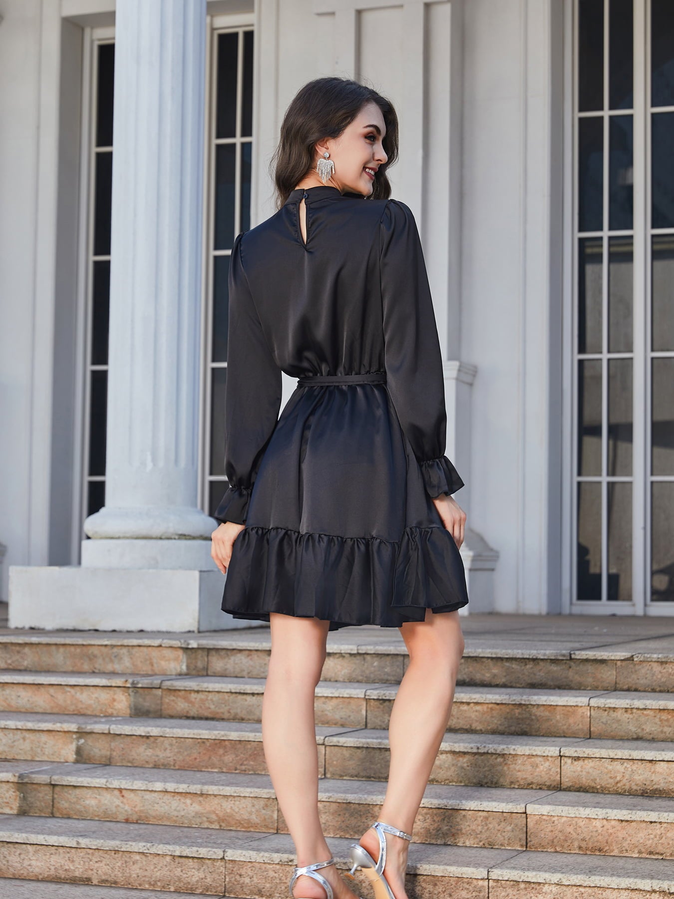 Ruffle Hem Tie Belt Mock Neck Knee Length Dress - Lecatta