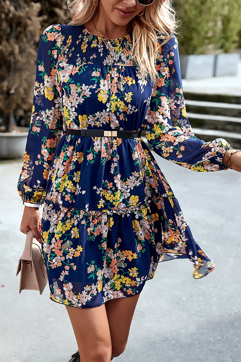 Smocked Floral Print Long Sleeve Mini Dress - Lecatta