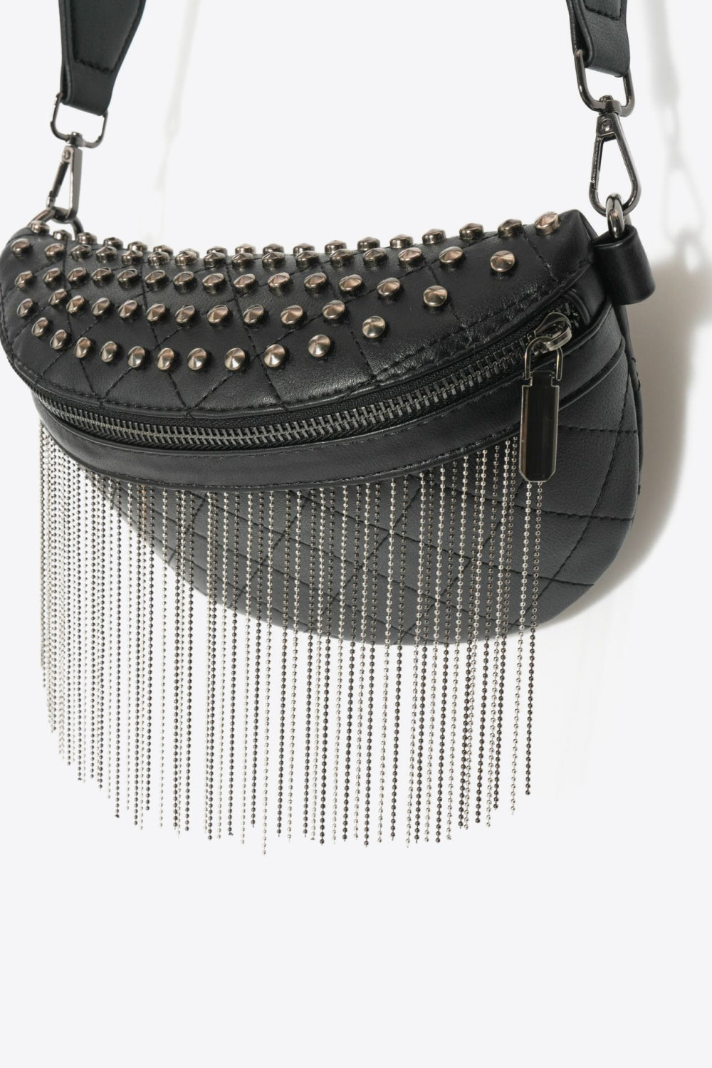 Faux Leather Studded Sling Bag with Fringes - Lecatta