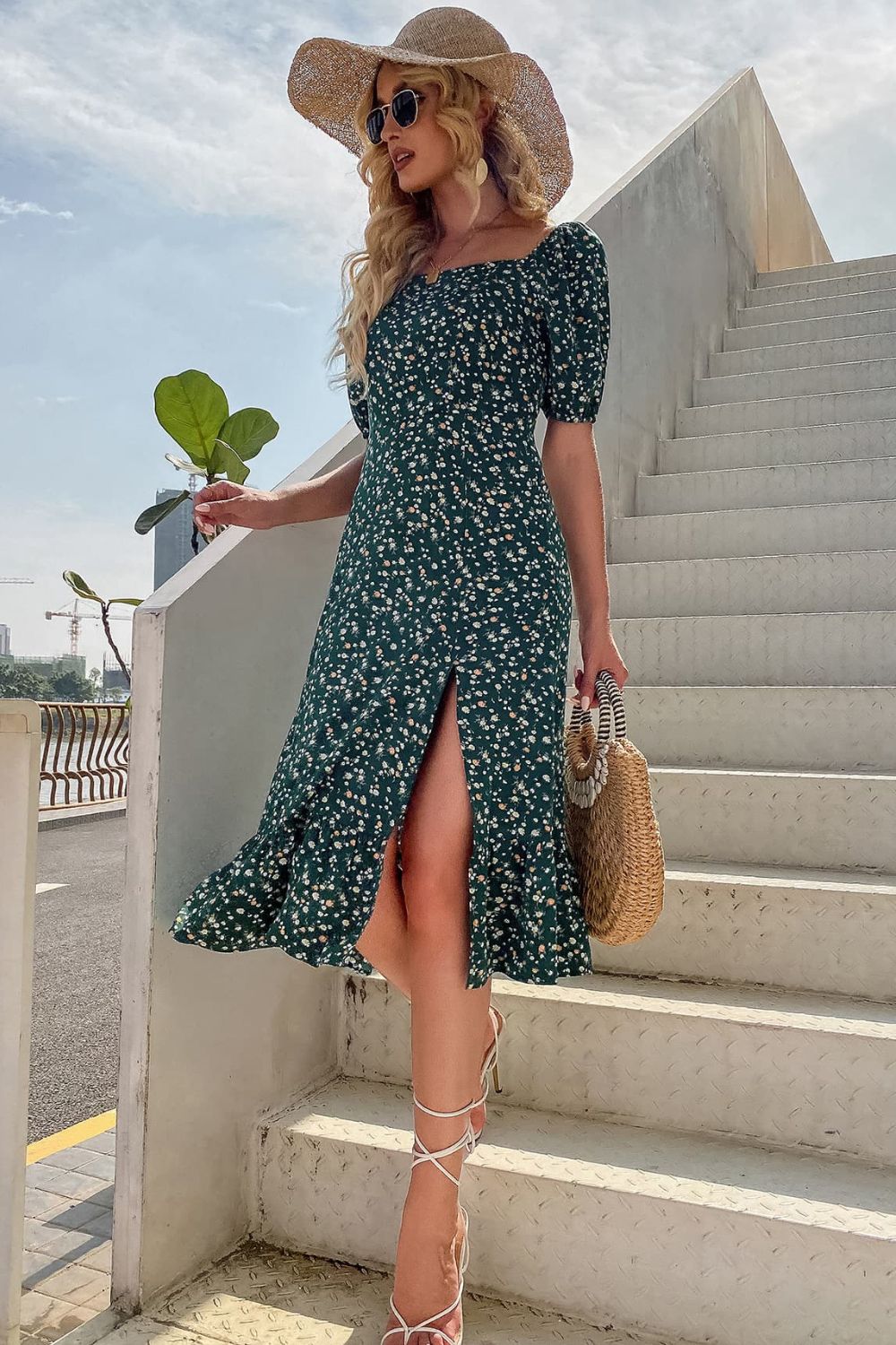 Floral Square Neck Slit Dress - Lecatta