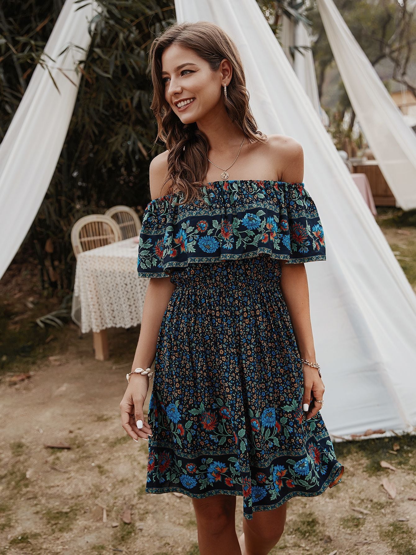 Bohemian Print Off-Shoulder Strapless Knee Length Dress - Lecatta