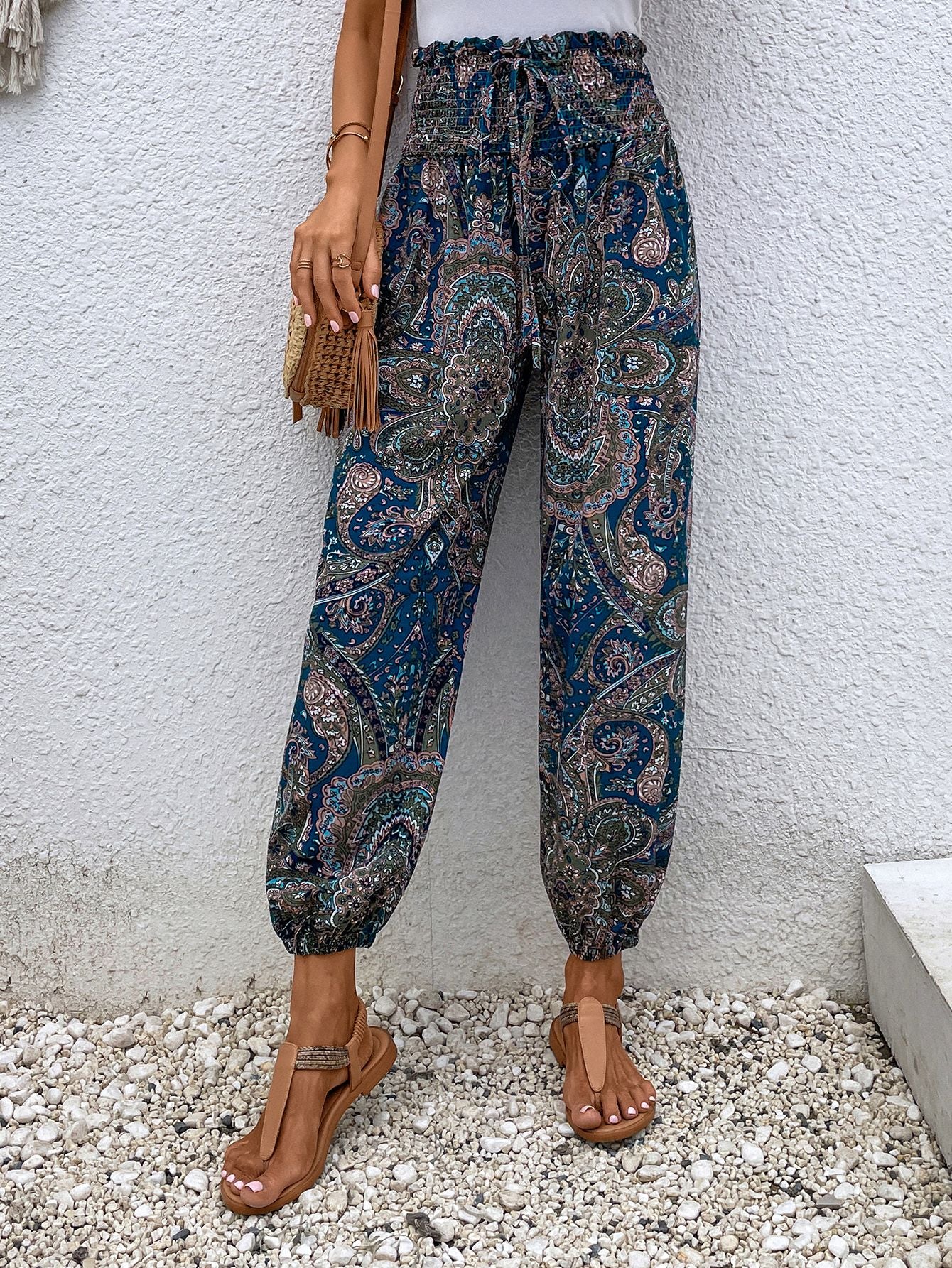 Paisley Print Smocked High-Waist Pants - Lecatta