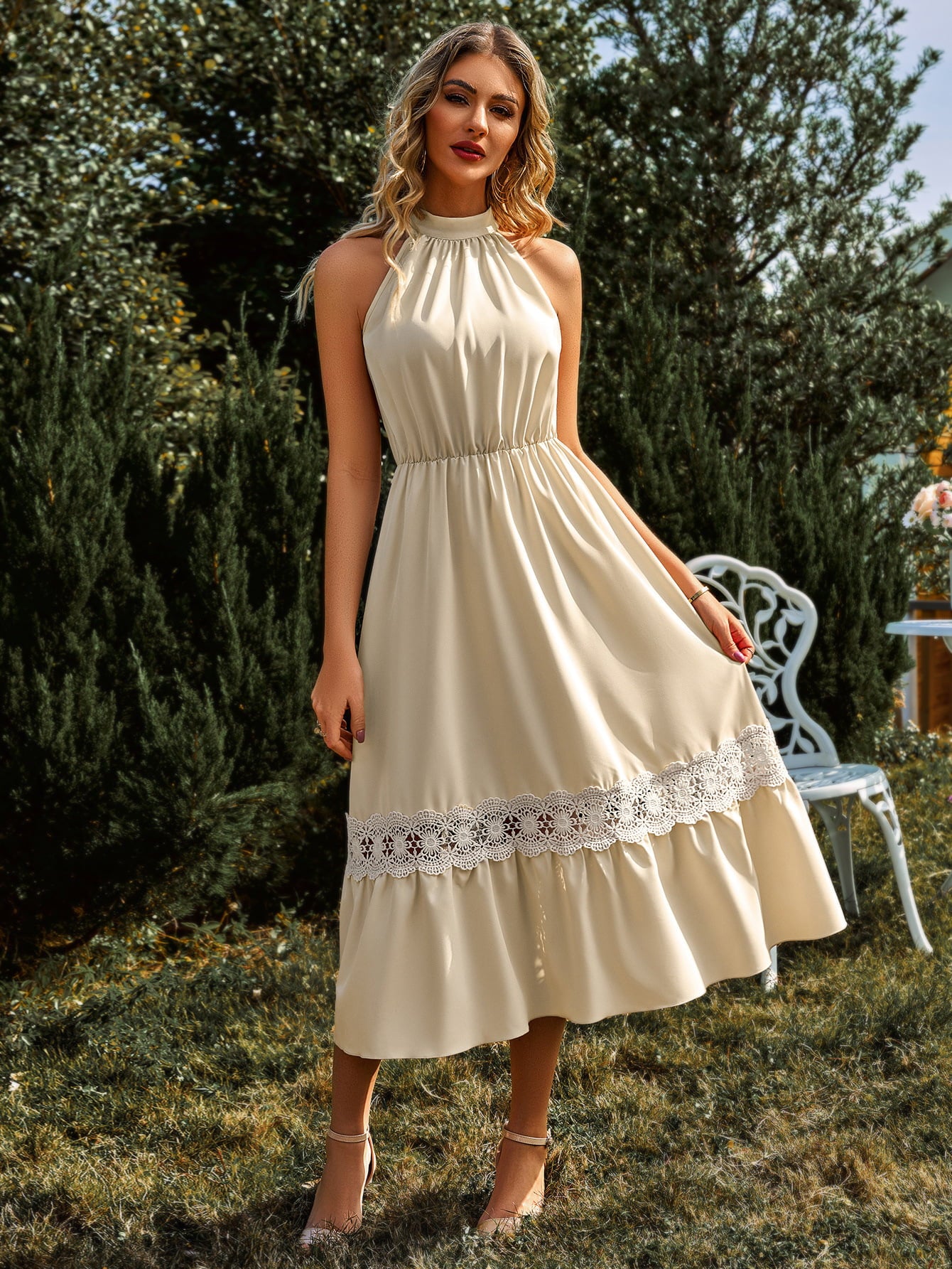 Grecian Neck Spliced Lace Midi Dress - Lecatta