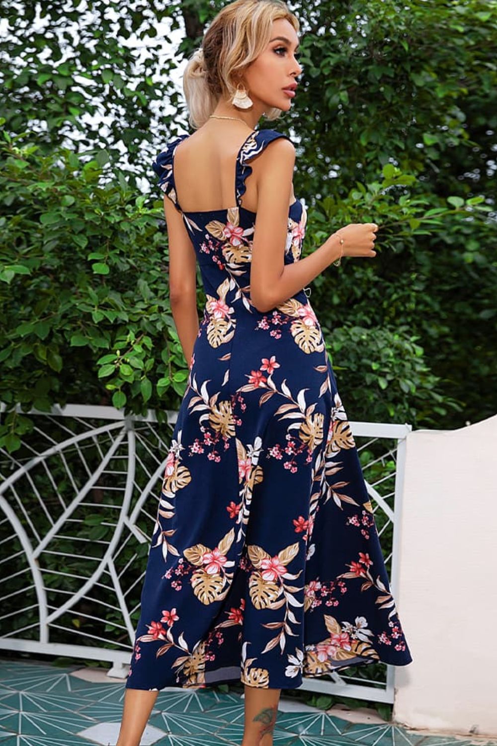 Floral Print Sleeveless Square Neck Slit Midi Dress - Lecatta
