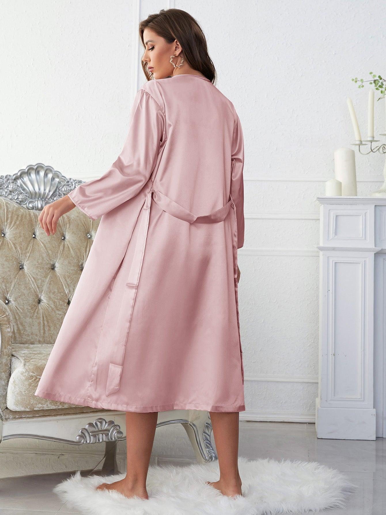 Satin V-Neck Cami, Shorts, and Belted Robe Pajama Set - Lecatta