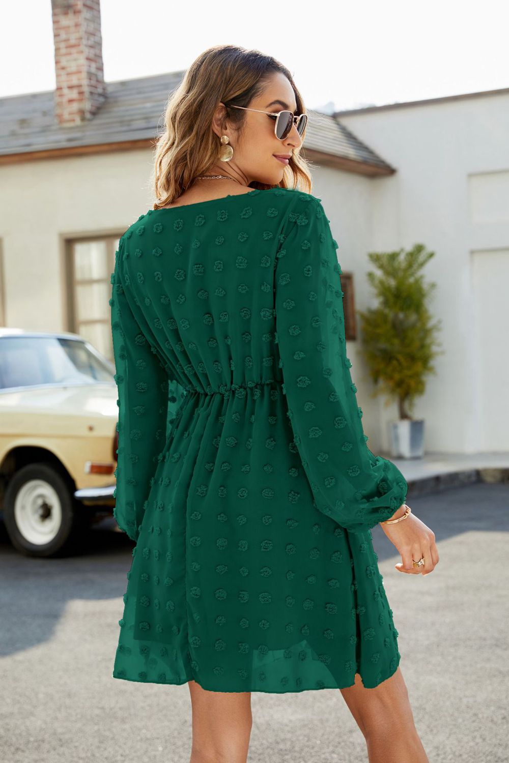 Swiss Dot V-Neck Lantern Sleeve Mini Dress - Lecatta