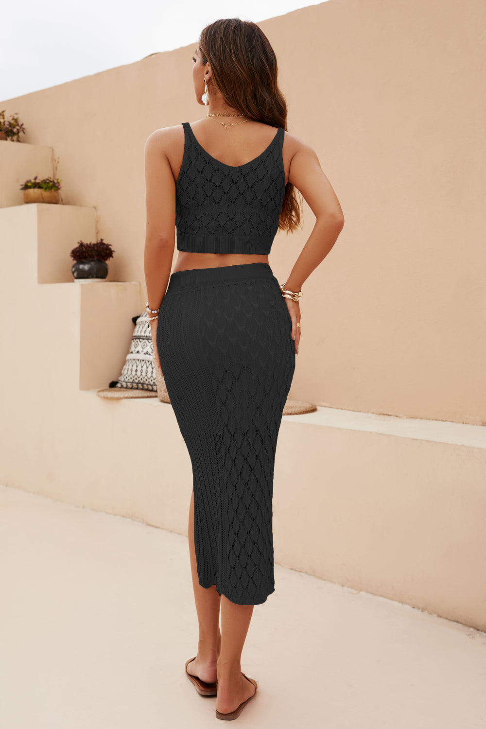 Openwork Cropped Tank and Split Skirt Set - Lecatta