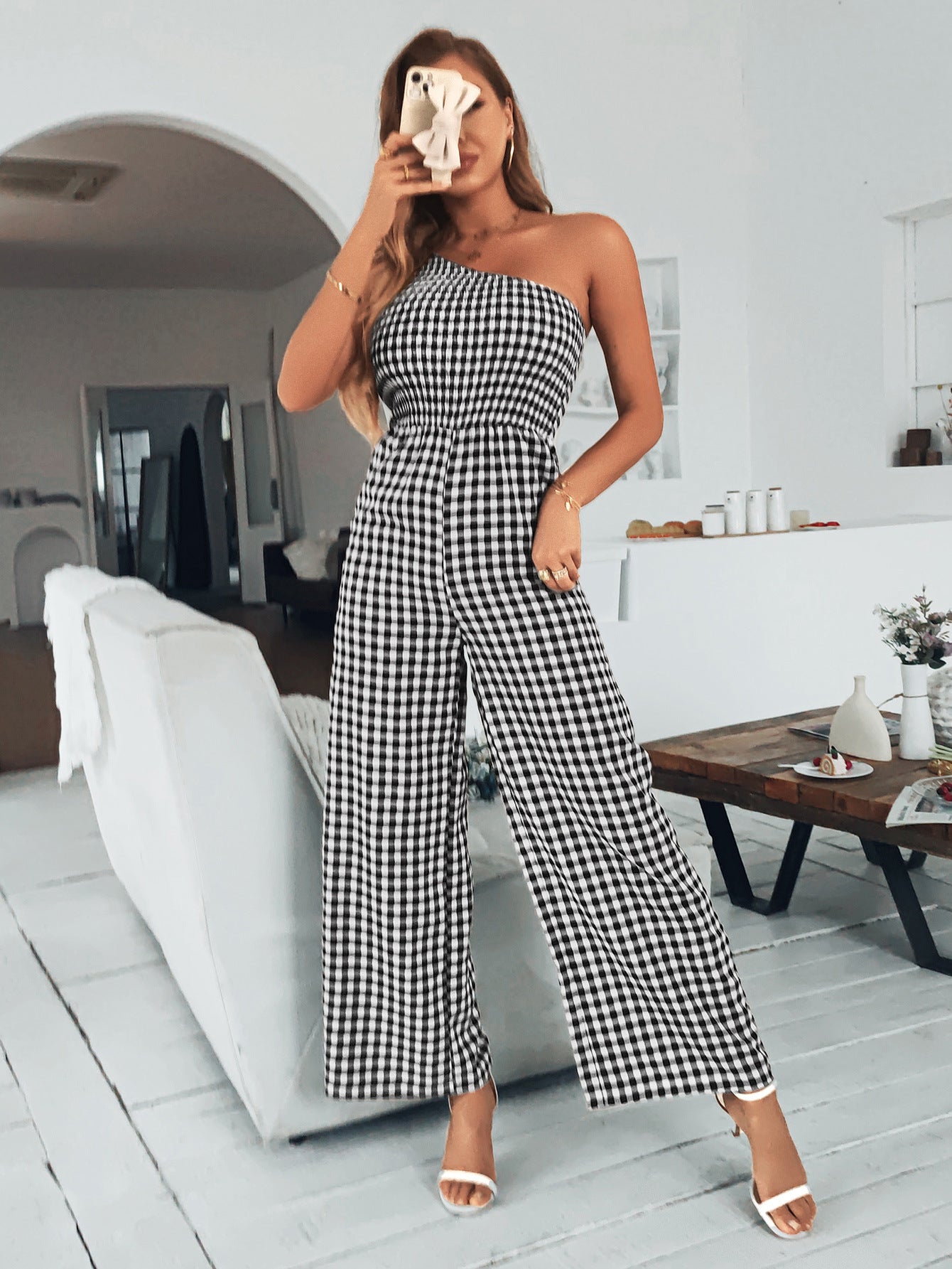 Plaid One-Shoulder Wide Leg Jumpsuit with Pockets - Lecatta